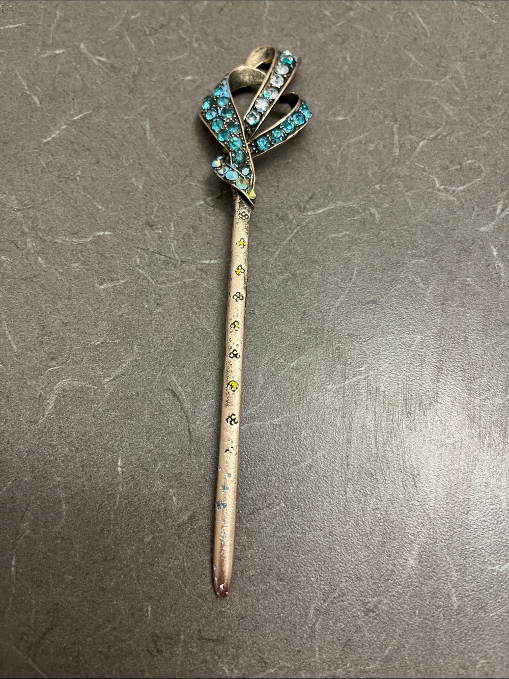 Antique Hair Stick - Turquoise & Clear Stone Accents with markings